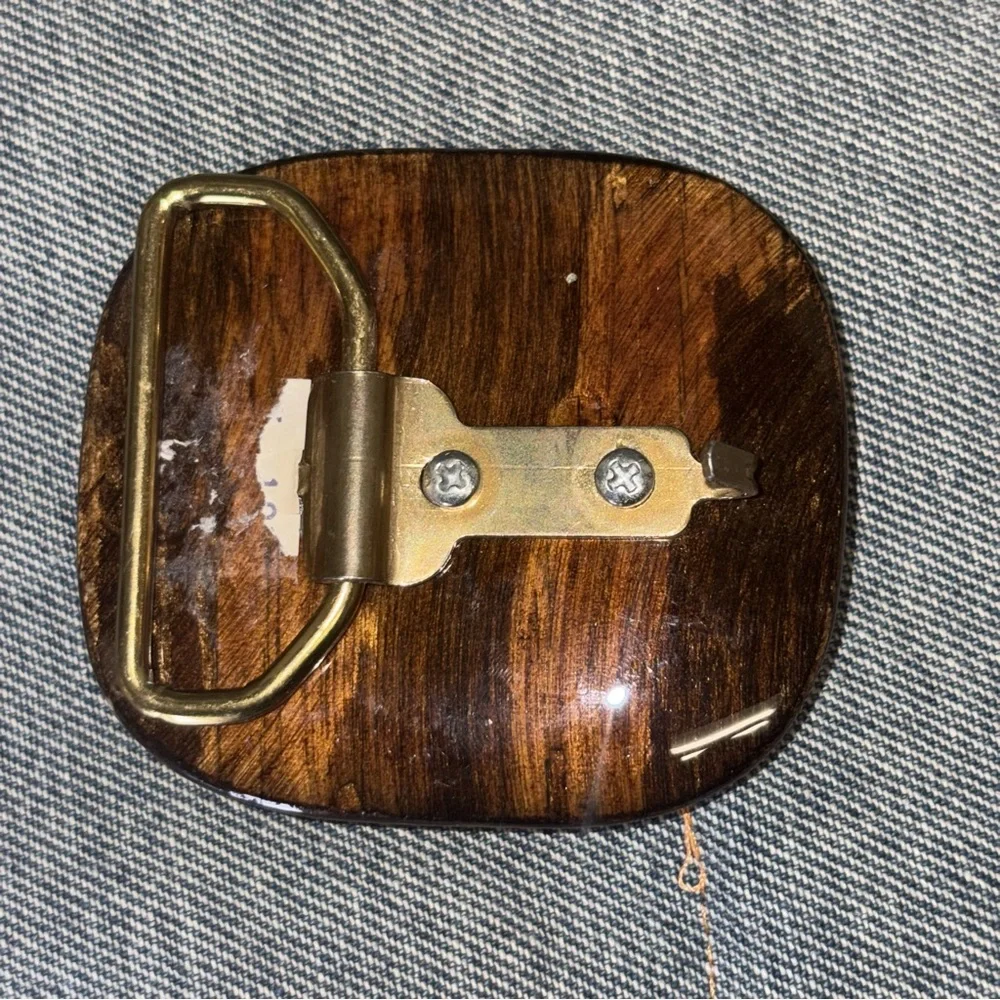 Vintage Artisan Lacquered Wood W/Turquoise Inlays Belt Buckle Boho Hippie